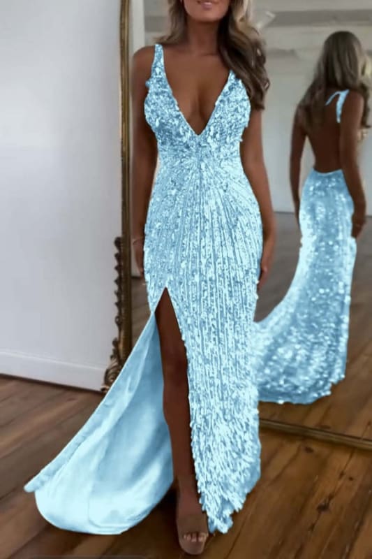 Glitter Sequins Sleeveless V Neck Prom Dress Long with Split