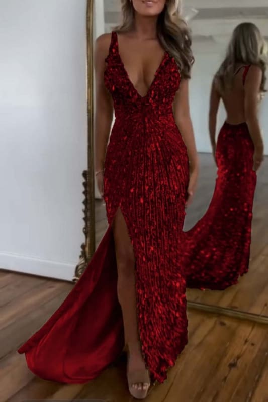 Glitter Sequins Sleeveless V Neck Prom Dress Long with Split