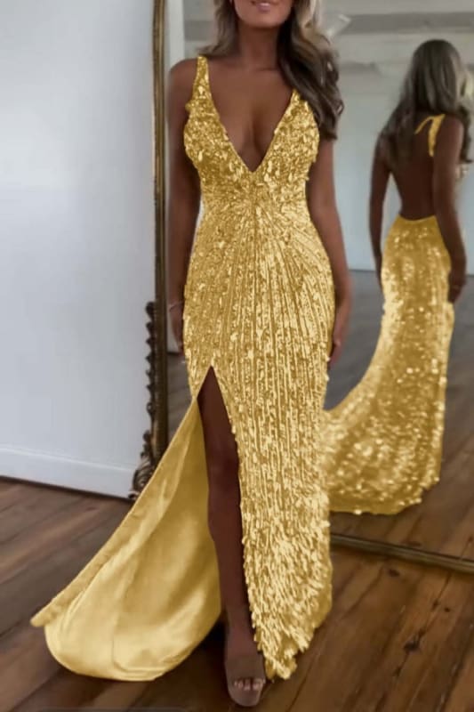 Glitter Sequins Sleeveless V Neck Prom Dress Long with Split