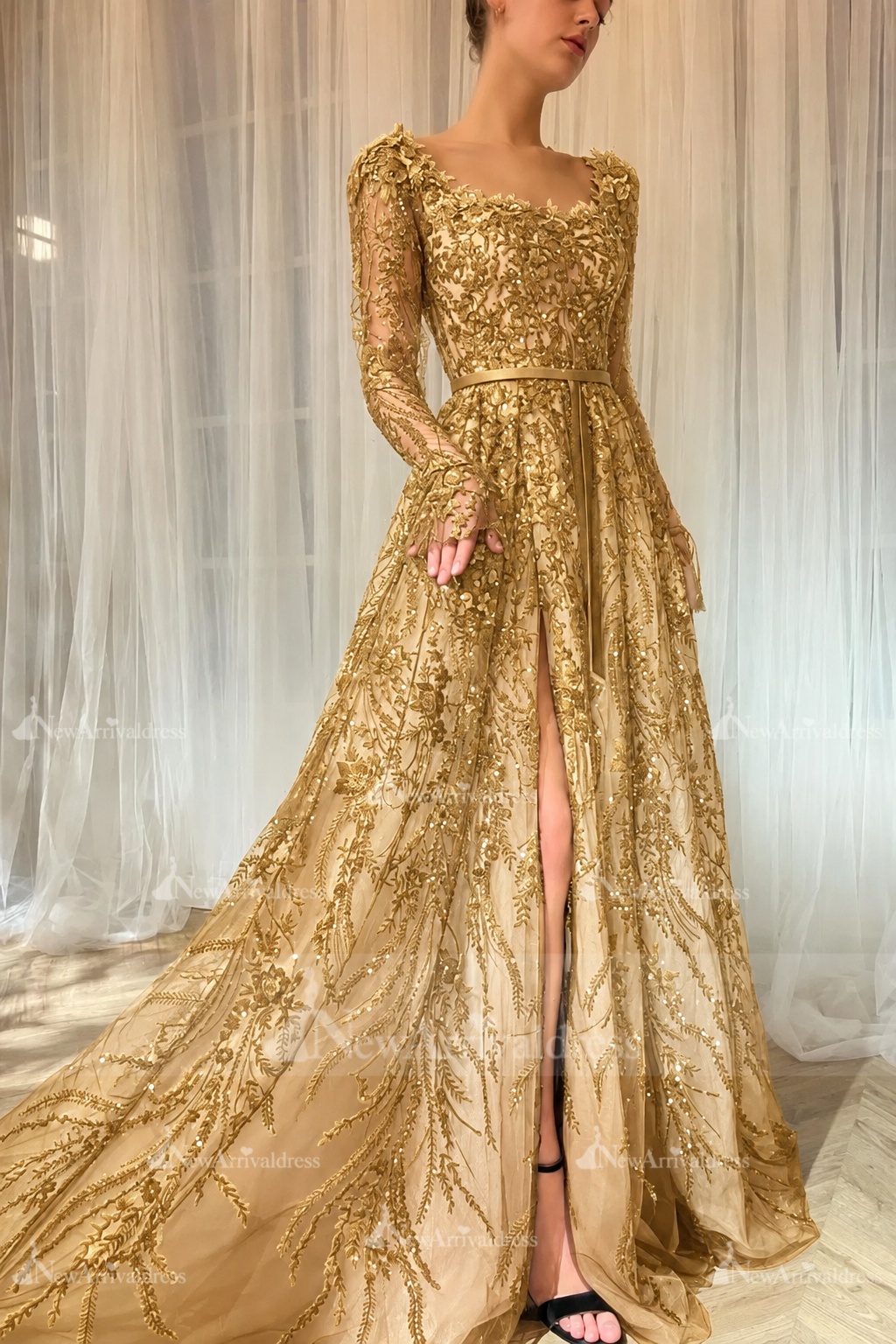 Elegant Black Sequins Aline Evening Dress with Sleeves