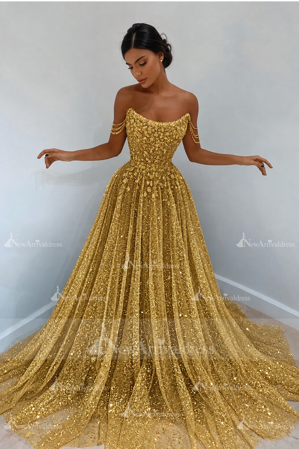 Beautiful Long A-line Sweetheart Sequined Prom Dress Off Shoulder Sky Blue Long Evening Dress