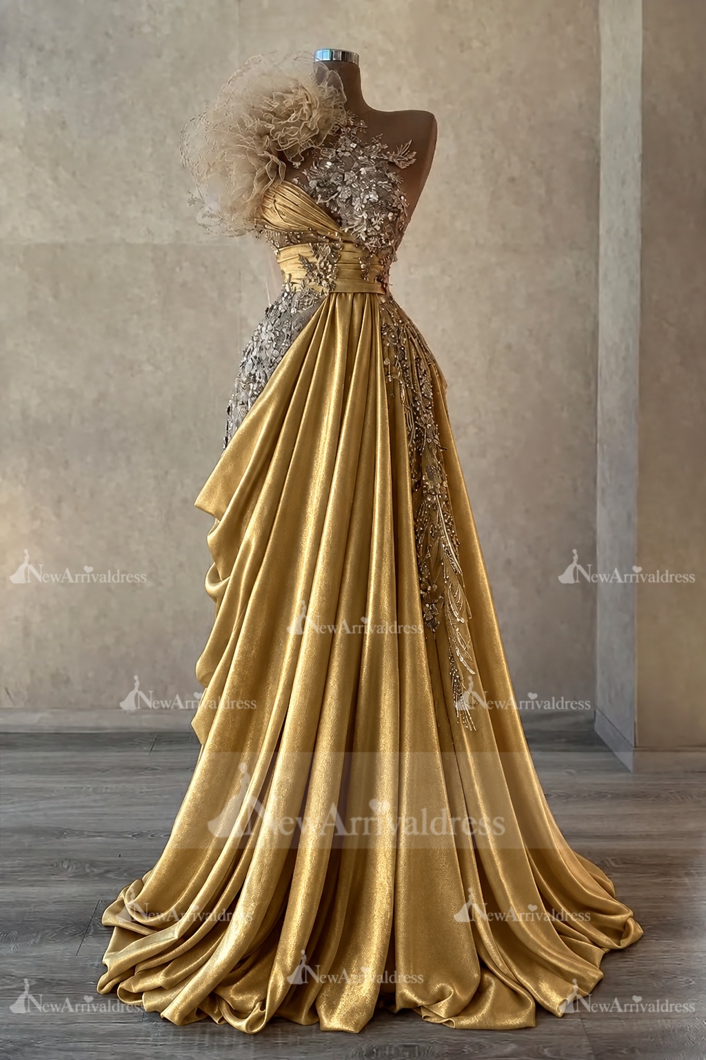 Stunning One Shoulder Flowers Ruched Satin Evening Dress Appliques Aline Party Dress