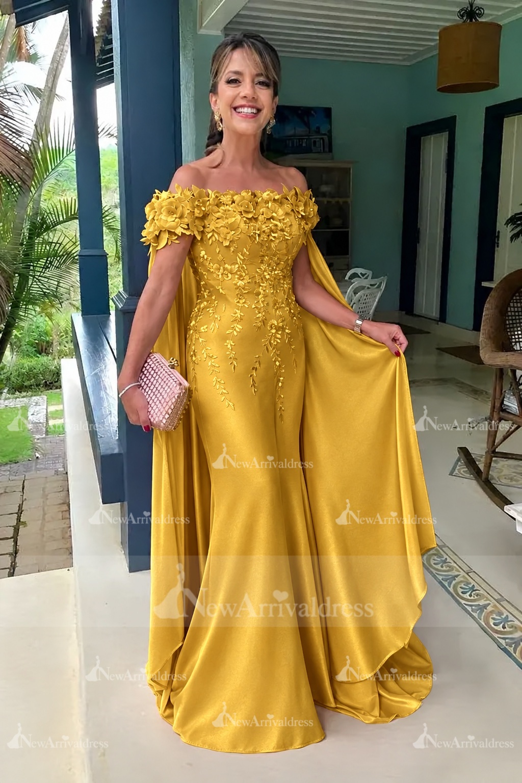 Off-the-Shoulder Pink Chiffon Flowers Long Mother of the Bride Dress with Cape