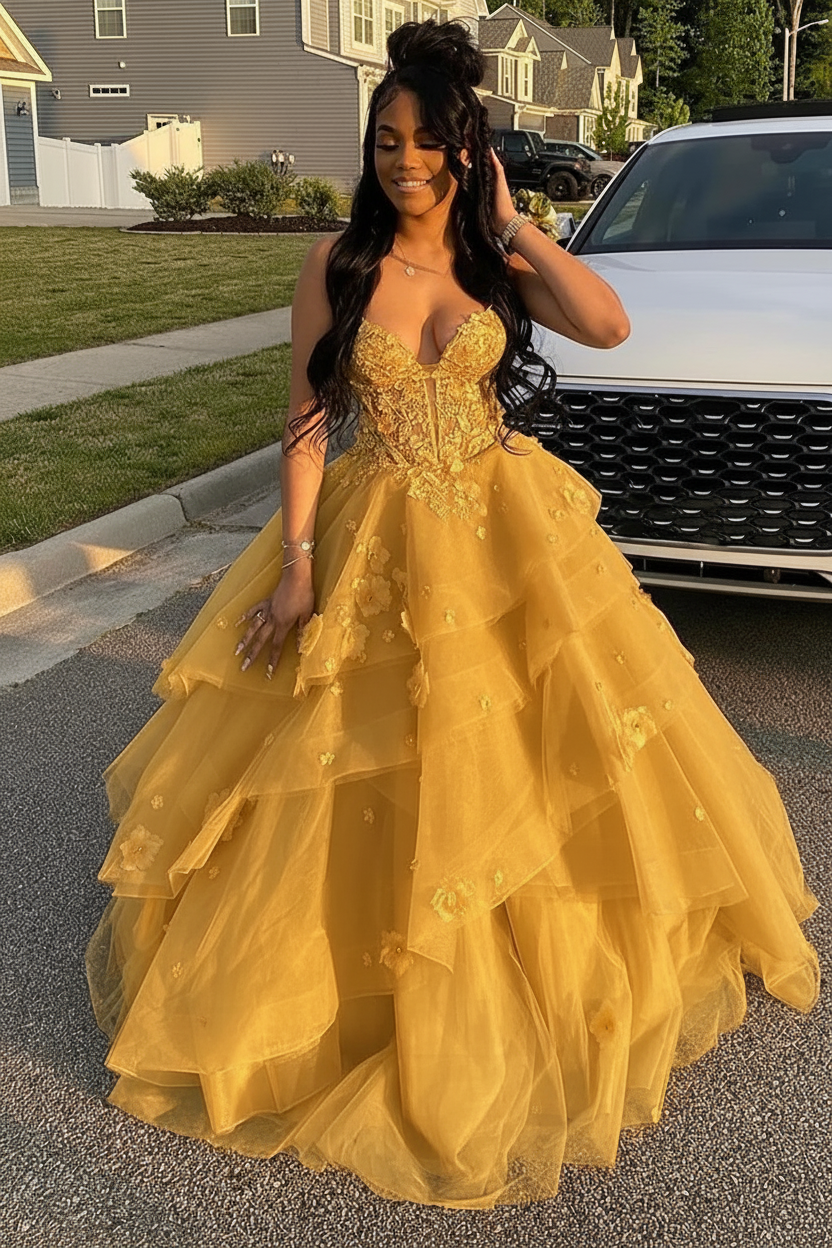 Gold Spaghetti Straps Tulle Aline Prom Dress Floral Tiered Ruffles Corset Formal Dress
