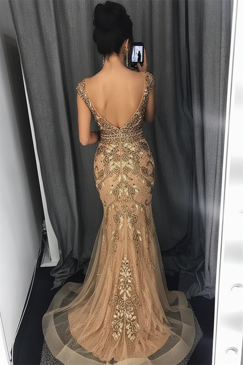 Gold Applique Straps Sleeveless Tulle Sexy Mermaid Prom Dress