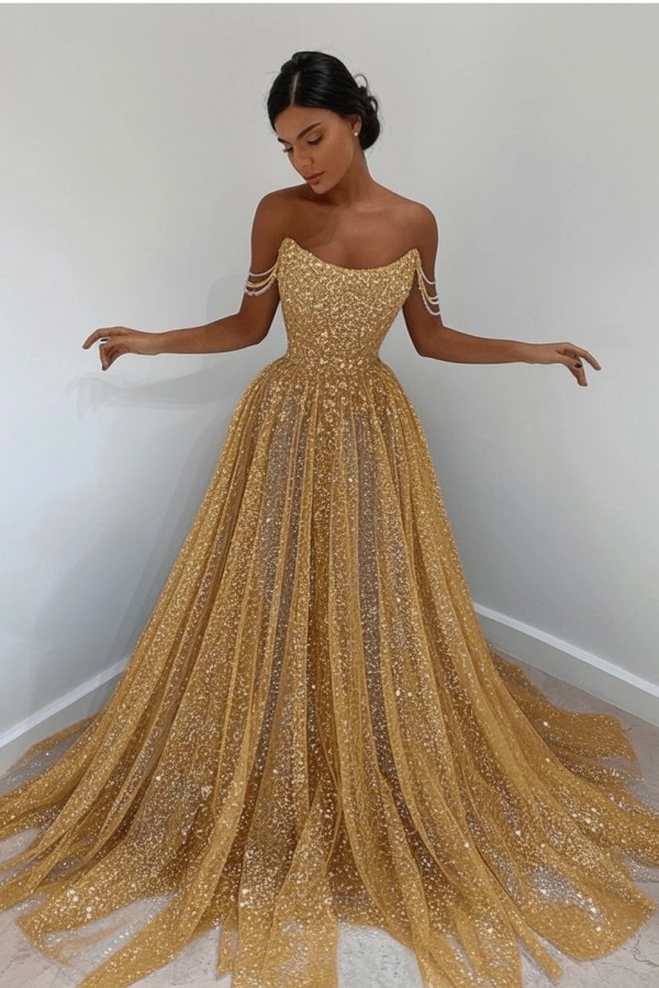 Beautiful Long A-line Sweetheart Sequined Prom Dress Off Shoulder Sky Blue Long Evening Dress