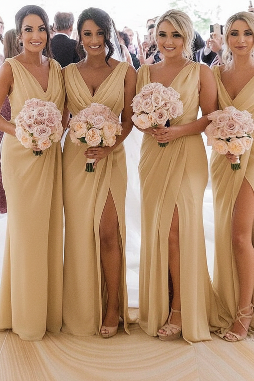 Elegant Chiffon Long Bridesmaid Dress Sleeveless Side Slit Wedding Guest Dress
