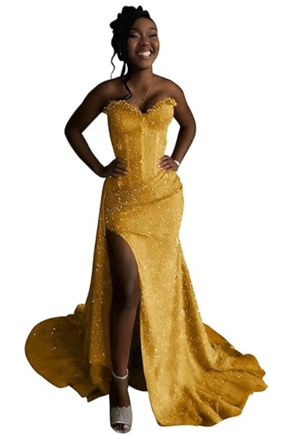 Sexy Orange Mermaid Prom Dress with Sequins High Split Strapless Long Party Dress