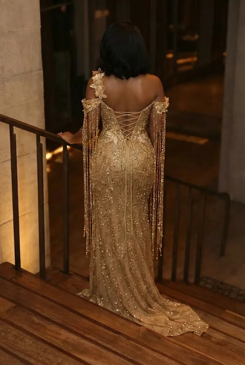 Asymmetric  Sequins Prom Dress Sleeveless Mermaid Gold Evening Gown with Tassels