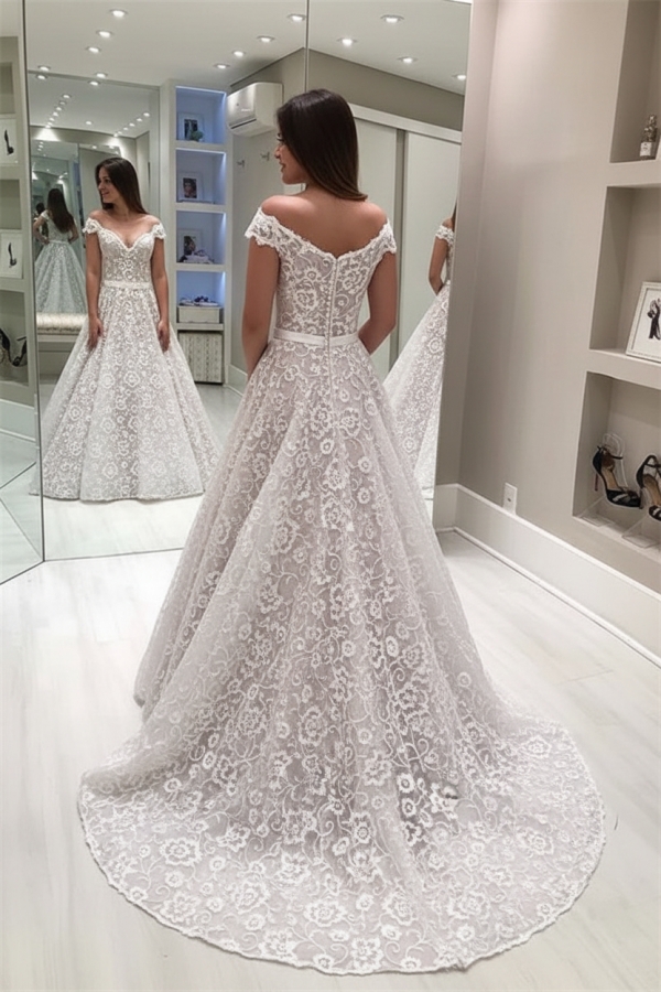 Gorgeous Lace Off The Shoulder Wedding Dresses | Ruffles Pearls Sleeveless Flowers Bridal Gowns