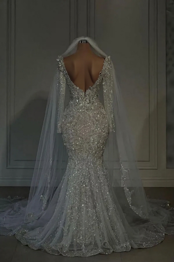 Gorgeous Long Sleeves Mermaid Wedding Gowns Glitter Sequins Garden Bridal Dresses