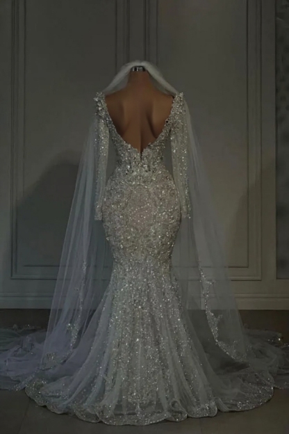 Gorgeous Long Sleeves Mermaid Wedding Gowns Glitter Sequins Garden Bridal Dresses