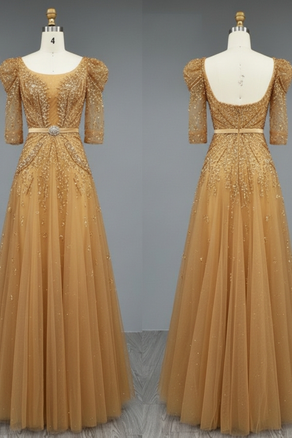 Gorgeous Puffy Half Sleeves Tulle Crystals Pricess Long Evening Dress