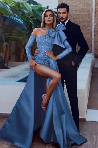 Sexy Red Prom Dress with Long Sleeves|Satin Sequins Side Slit Party Dress with Detachable Train