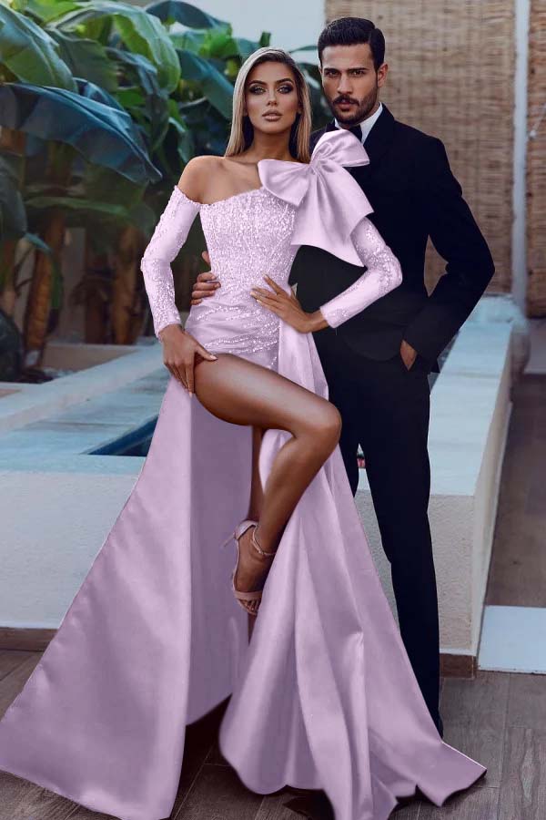 Sexy Red Prom Dress with Long Sleeves|Satin Sequins Side Slit Party Dress with Detachable Train