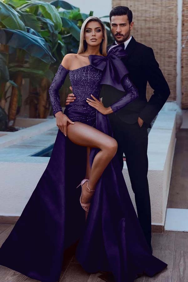 Sexy Red Prom Dress with Long Sleeves|Satin Sequins Side Slit Party Dress with Detachable Train