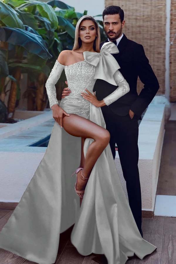 Sexy Red Prom Dress with Long Sleeves|Satin Sequins Side Slit Party Dress with Detachable Train