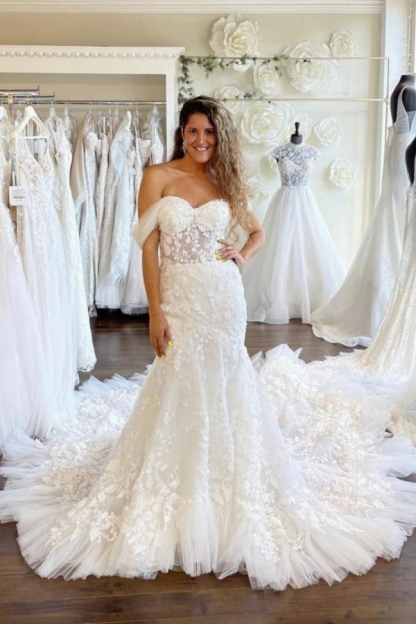 Gorgeous Sweetheart Floral Tulle Mermaid Bridal Gown Off-the-Shoulder Wedding Dress