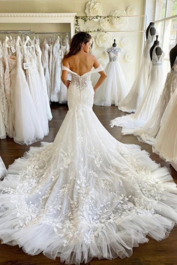Gorgeous Sweetheart Floral Tulle Mermaid Bridal Gown Off-the-Shoulder Wedding Dress