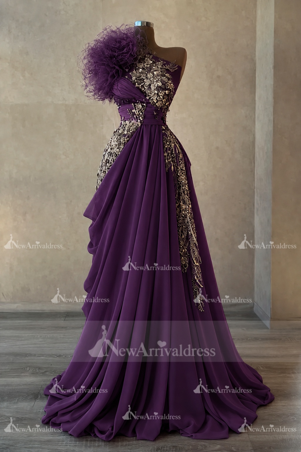 Stunning One Shoulder Flowers Ruched Satin Evening Dress Appliques Aline Party Dress