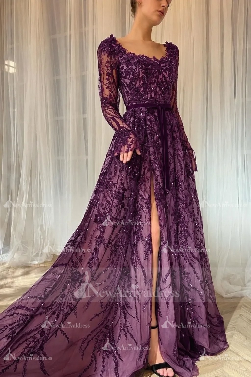Elegant Black Sequins Aline Evening Dress with Sleeves