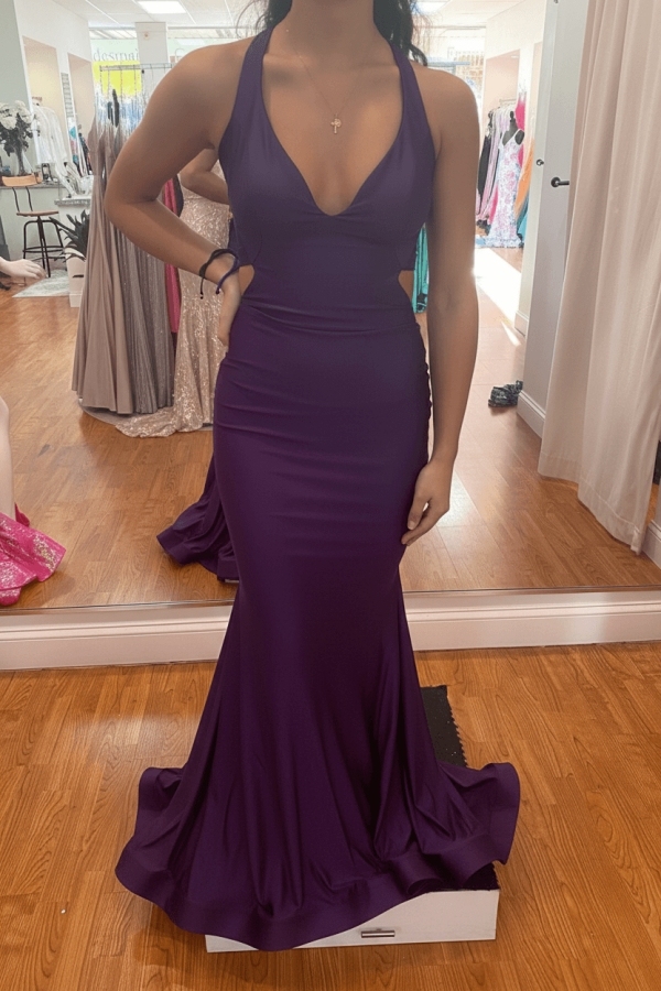 Modest Mermaid Halter V-neck Satin Open Back Prom Dress