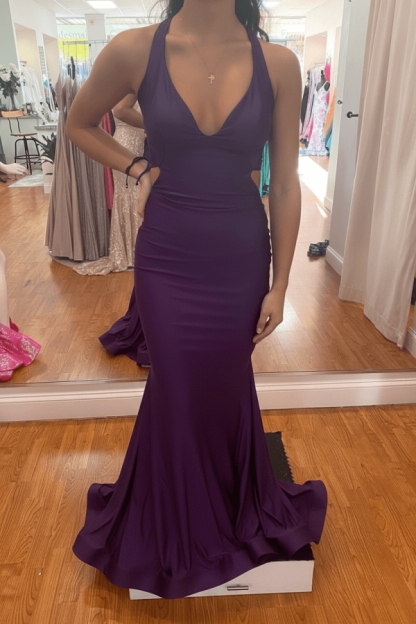 Modest Mermaid Halter V-neck Satin Open Back Prom Dress