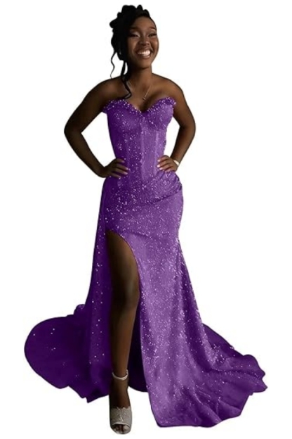 Sexy Orange Mermaid Prom Dress with Sequins High Split Strapless Long Party Dress