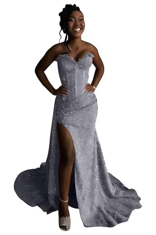 Sexy Orange Mermaid Prom Dress with Sequins High Split Strapless Long Party Dress