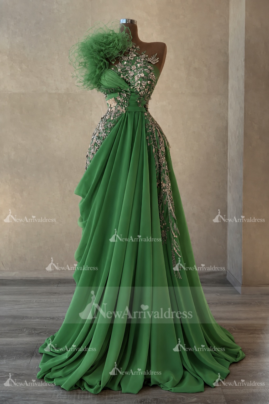 Stunning One Shoulder Flowers Ruched Satin Evening Dress Appliques Aline Party Dress