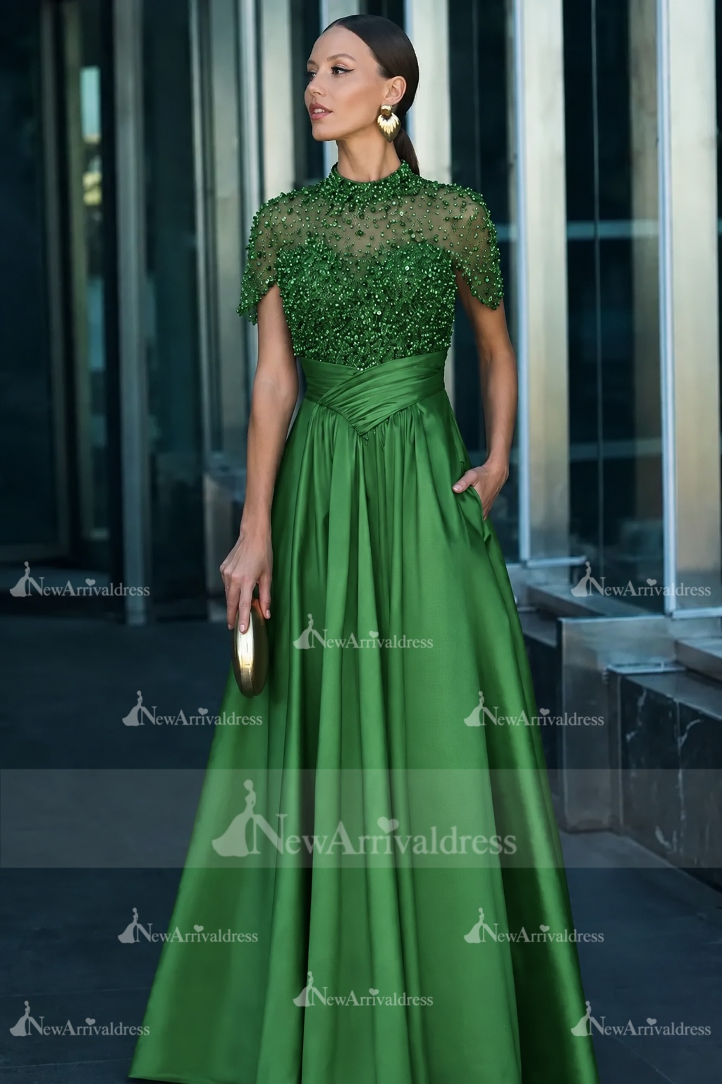Dark Green Short Sleeves  Satin A-line Evening Dress with Beadings