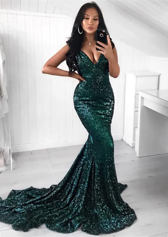 Green Sequins Prom Dress |Mermaid Evening Party Dress