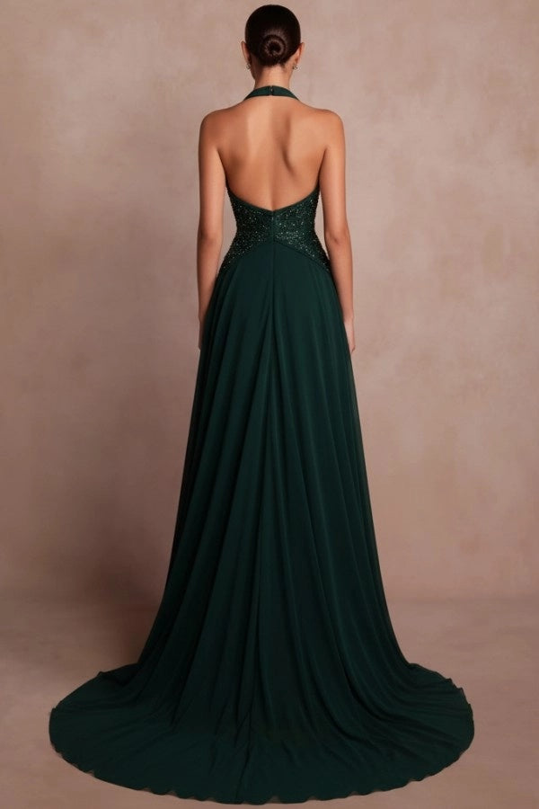 Halter Aline Evening Dress Glitter Chiffon Prom Dress with Sequins