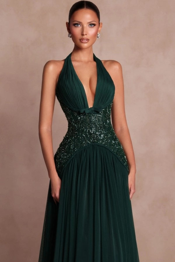Halter Aline Evening Dress Glitter Chiffon Prom Dress with Sequins