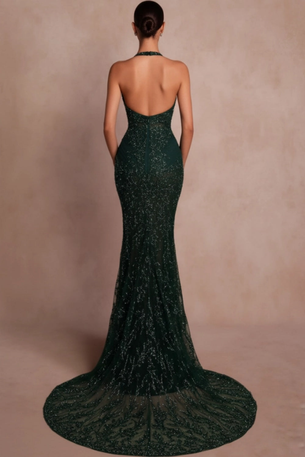 Halter Dark Green Mermaid Prom Dress Glitter Sequins Evening Gown with Lace Appliques