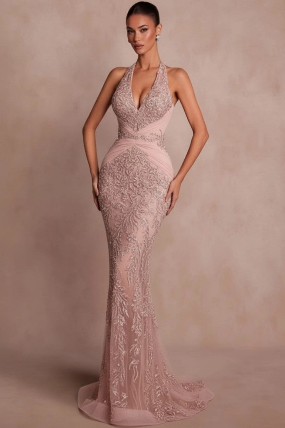 Halter Dark Green Mermaid Prom Dress Glitter Sequins Evening Gown with Lace Appliques