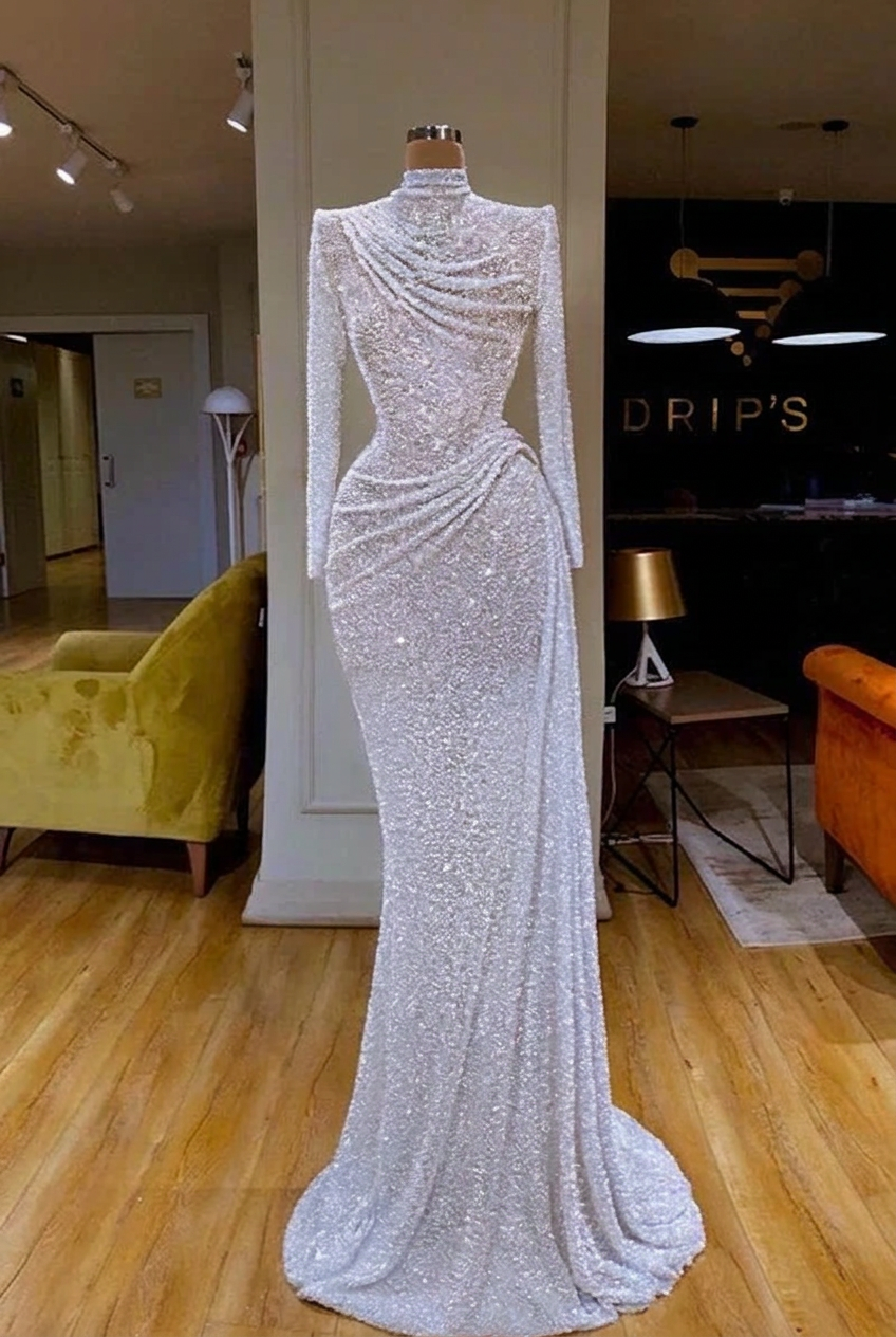 White High Neck Sequins Long Sleeves Ruched Floor-Length Mermaid Evening Gown