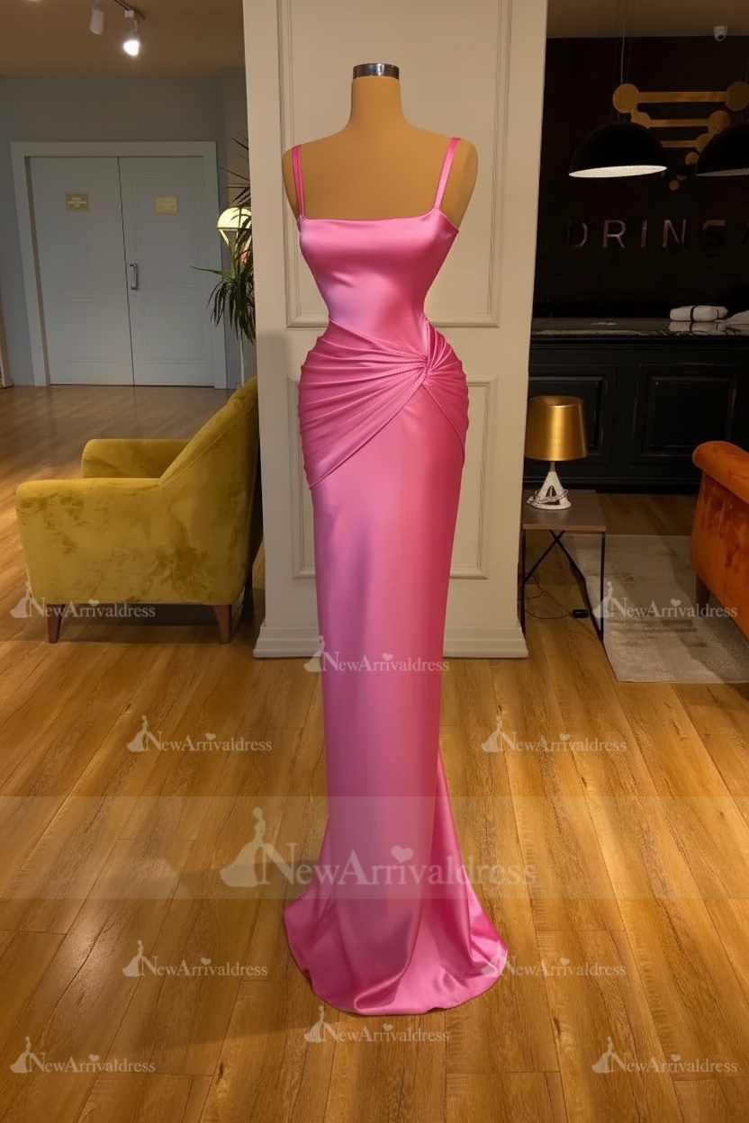Chic Sky Blue Square Neck Slim Evening Party Wear Dress Sleeveless Satin Prom Dress