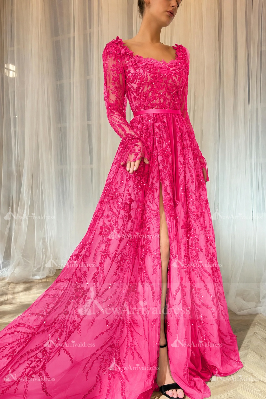 Elegant Black Sequins Aline Evening Dress with Sleeves