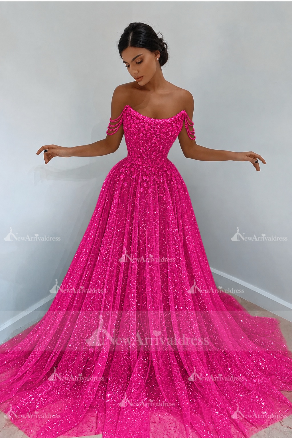 Beautiful Long A-line Sweetheart Sequined Prom Dress Off Shoulder Sky Blue Long Evening Dress