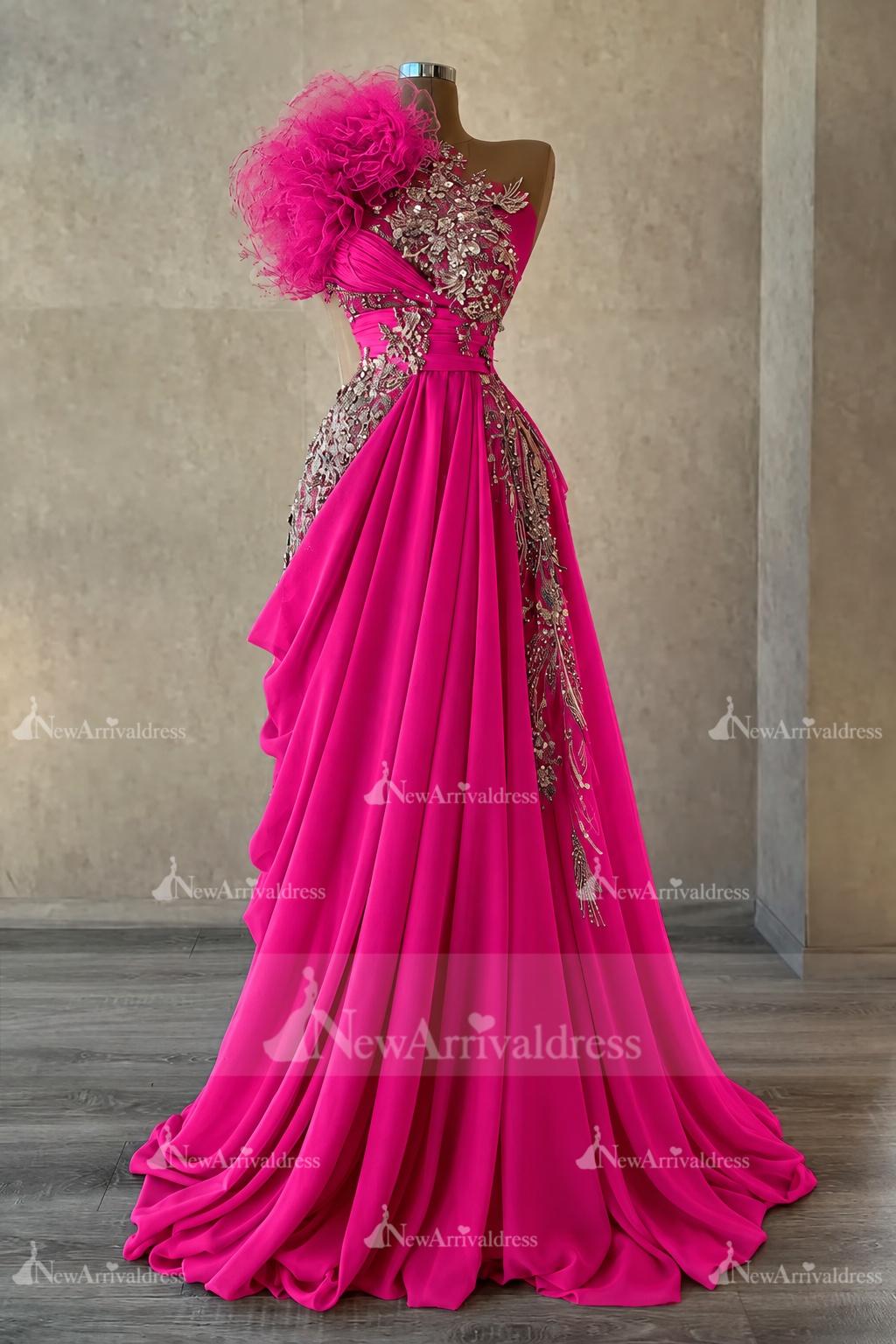 Stunning One Shoulder Flowers Ruched Satin Evening Dress Appliques Aline Party Dress
