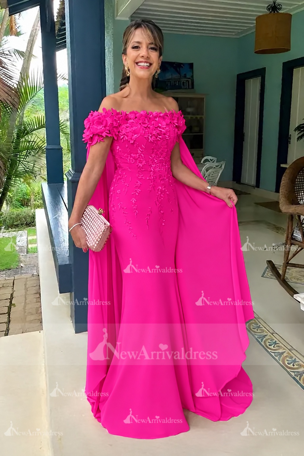 Off-the-Shoulder Pink Chiffon Flowers Long Mother of the Bride Dress with Cape