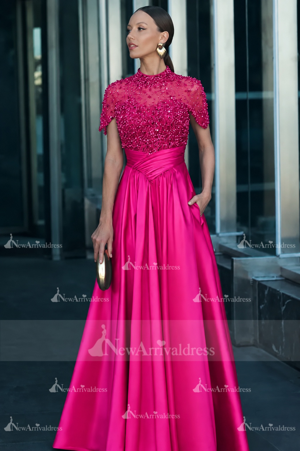 Dark Green Short Sleeves  Satin A-line Evening Dress with Beadings