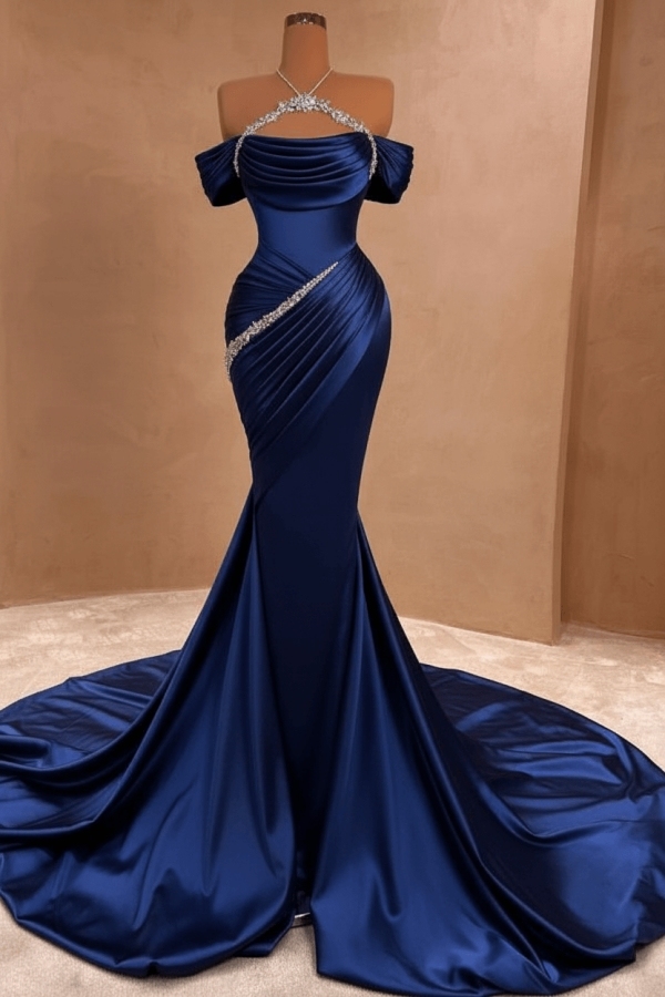 Charming Off-the-Shoulder Ruched Satin Long Prom Dress Glitter Sequins Sheath Evening Gown