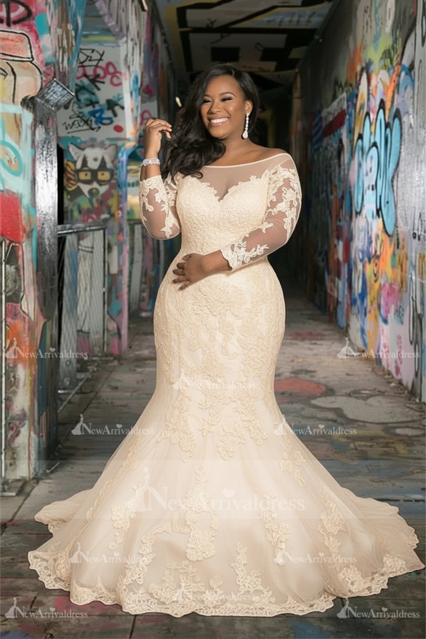 Off The Shoulder Plus Size Appliques Wedding Dresses | Sheer Tulle Memaid Bridal Gowns