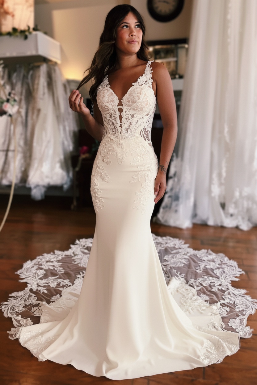 Gorgeous Sleeveless Mermaid Wedding Dress V-Neck Floral Lace Bridal Gown