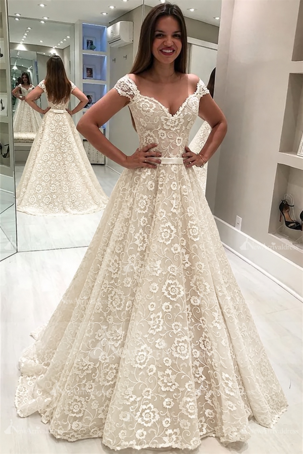Gorgeous Lace Off The Shoulder Wedding Dresses | Ruffles Pearls Sleeveless Flowers Bridal Gowns