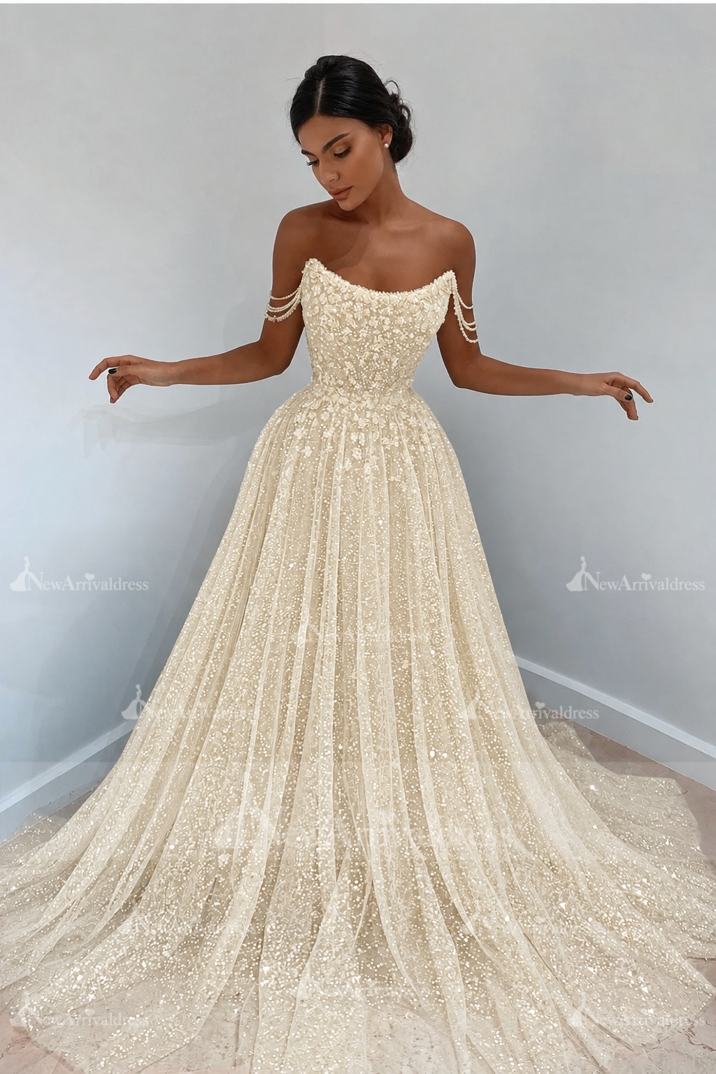 Beautiful Long A-line Sweetheart Sequined Prom Dress Off Shoulder Sky Blue Long Evening Dress