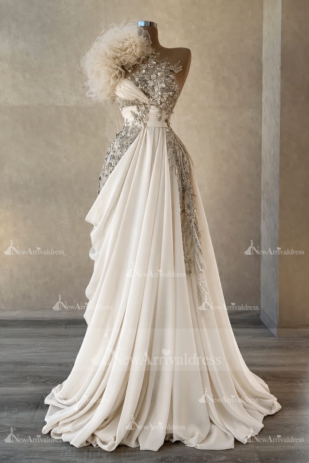 Stunning One Shoulder Flowers Ruched Satin Evening Dress Appliques Aline Party Dress