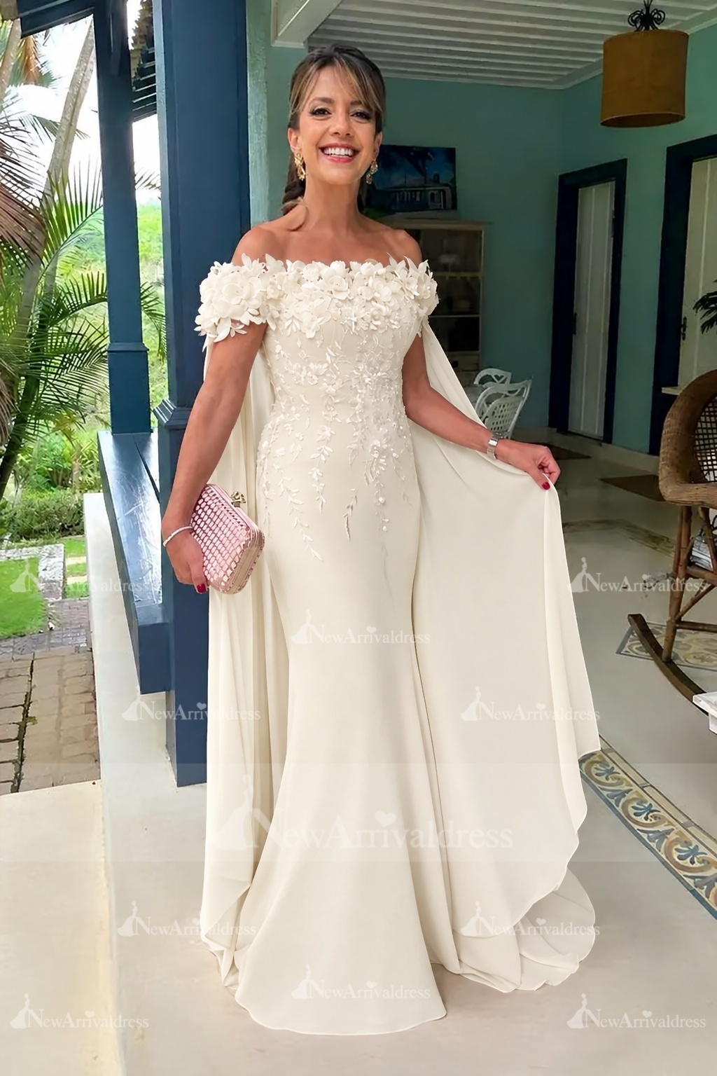 Off-the-Shoulder Pink Chiffon Flowers Long Mother of the Bride Dress with Cape